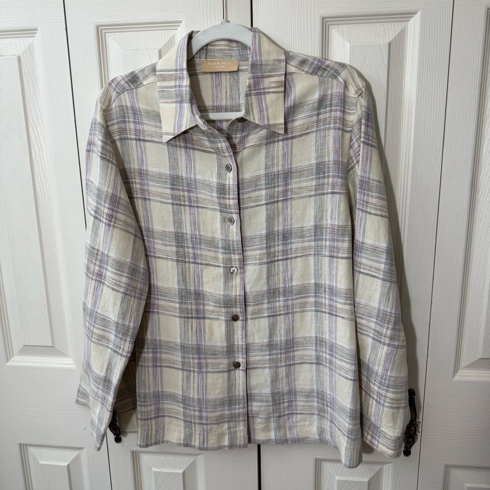 Kate Hill 100% Linen Plaid Long Sleeve Button Up Shirt Womens Size Large